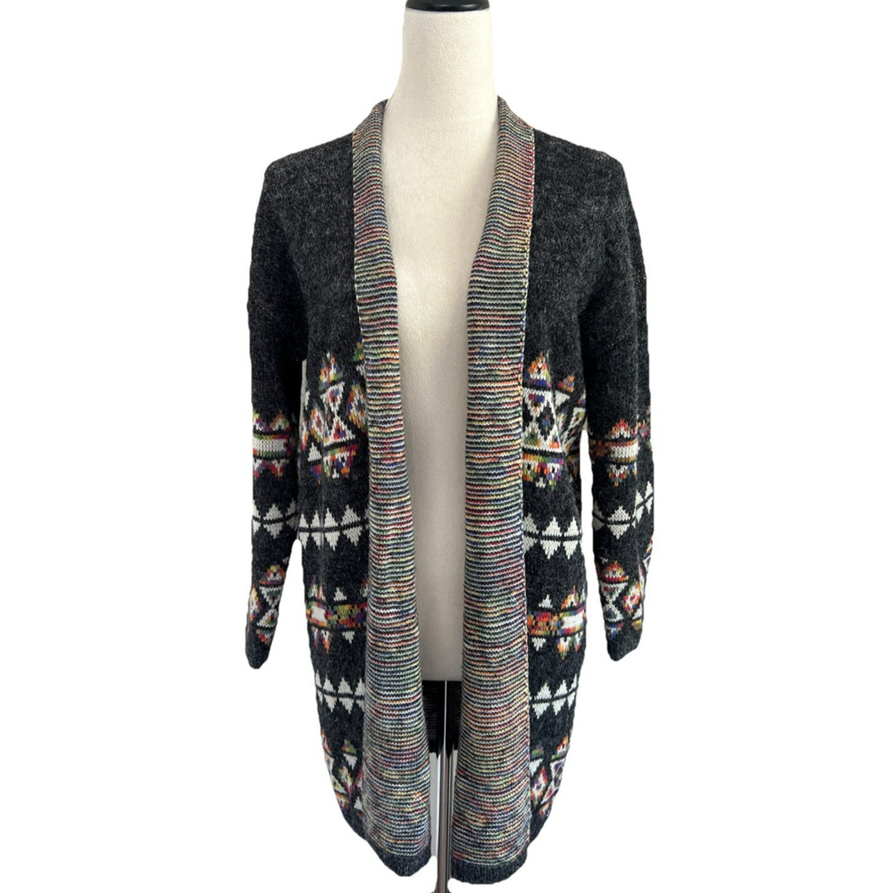 Dreamers Aztec Cardigan Sweater Women Med Gray Long Open Front Southwestern Boho